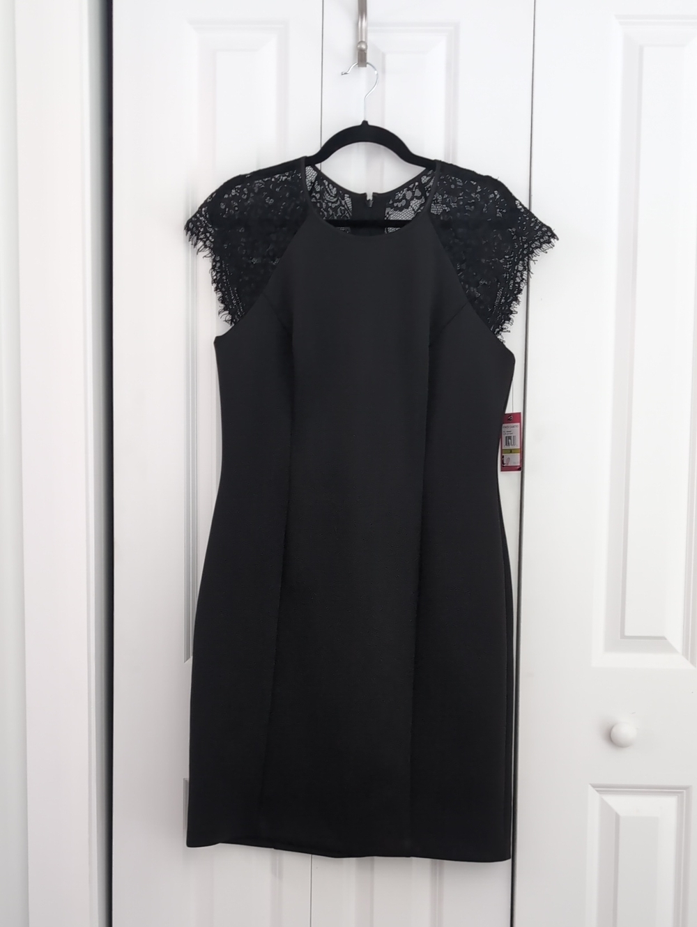 Vince Camuto Black Lace-Shoulder Sheath Dress